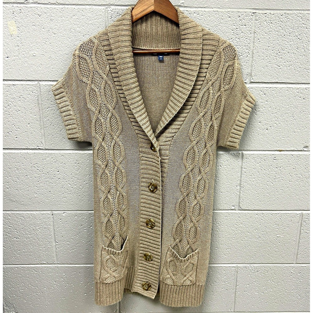 Gap Women’s Beige Solid Cable-Knit Collared Button Front Pocket Cardigan M